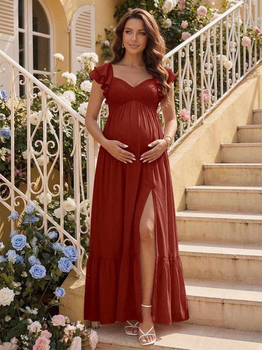 A-Line/Princess Sweetheart Ankle-Length Maternity Bridesmaid Dresses With Ruffles &Split Side Rust