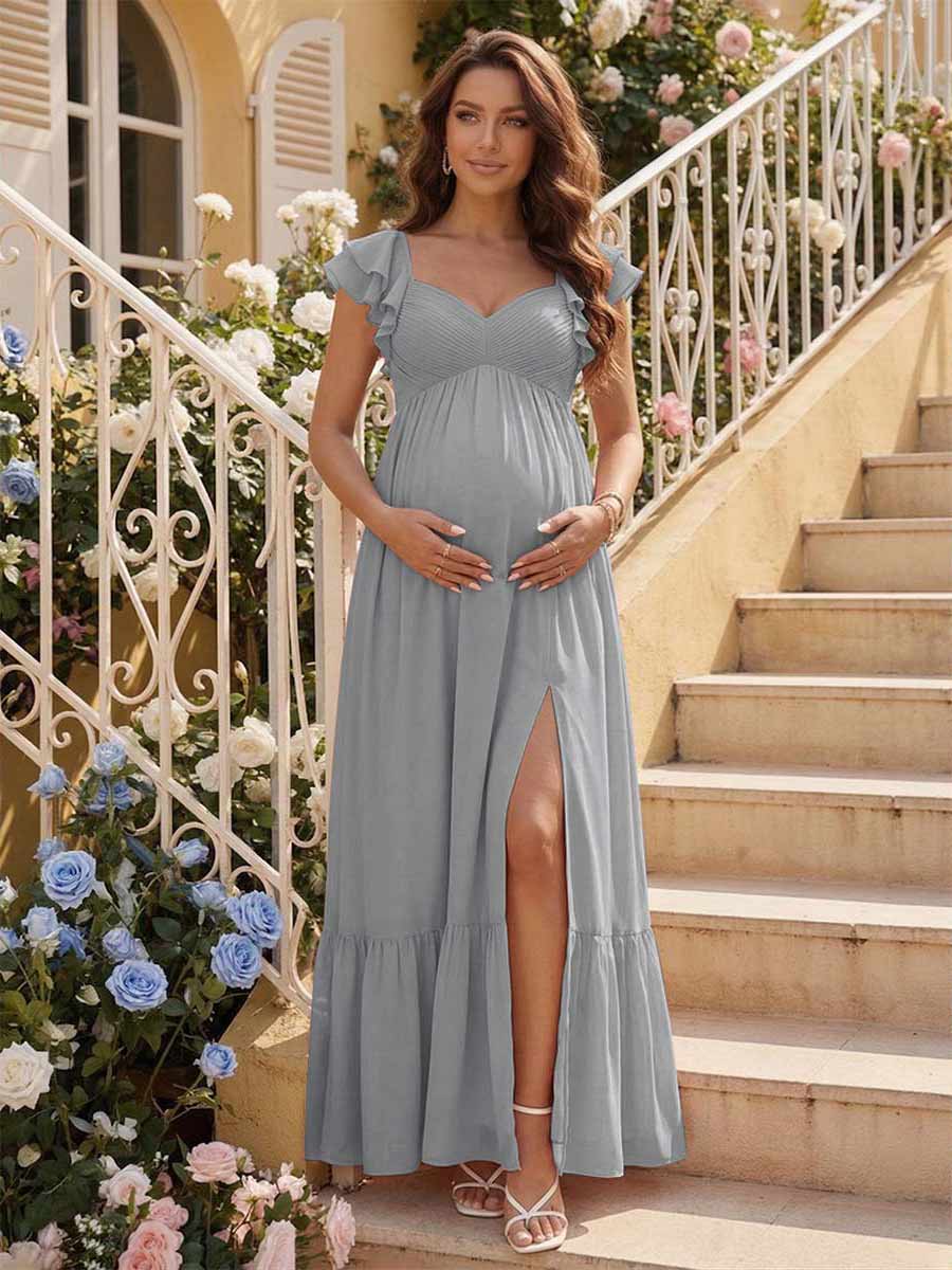 A-Line/Princess Sweetheart Ankle-Length Maternity Bridesmaid Dresses With Ruffles &Split Side Silver