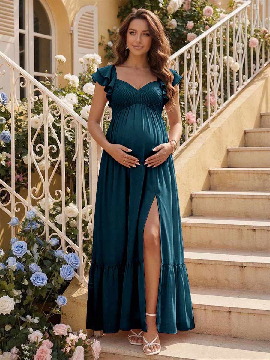 A-Line/Princess Sweetheart Ankle-Length Maternity Bridesmaid Dresses With Ruffles &Split Side Teal