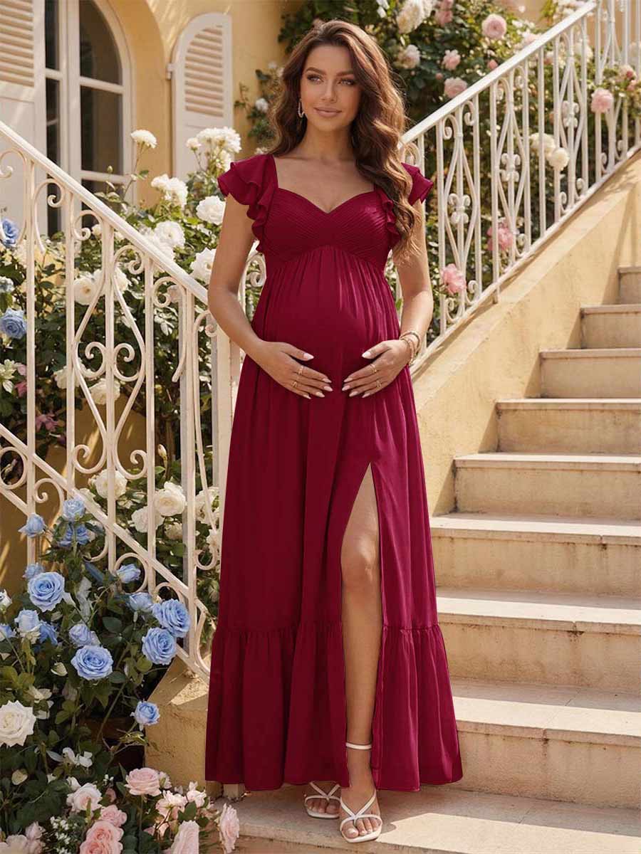 A-Line/Princess Sweetheart Ankle-Length Maternity Bridesmaid Dresses With Ruffles &Split Side Wine Red