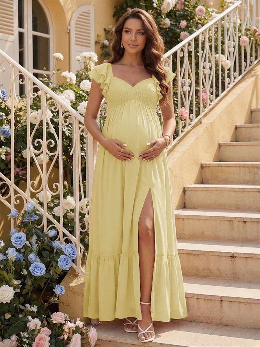 A-Line/Princess Sweetheart Ankle-Length Maternity Bridesmaid Dresses With Ruffles &Split Side Yellow