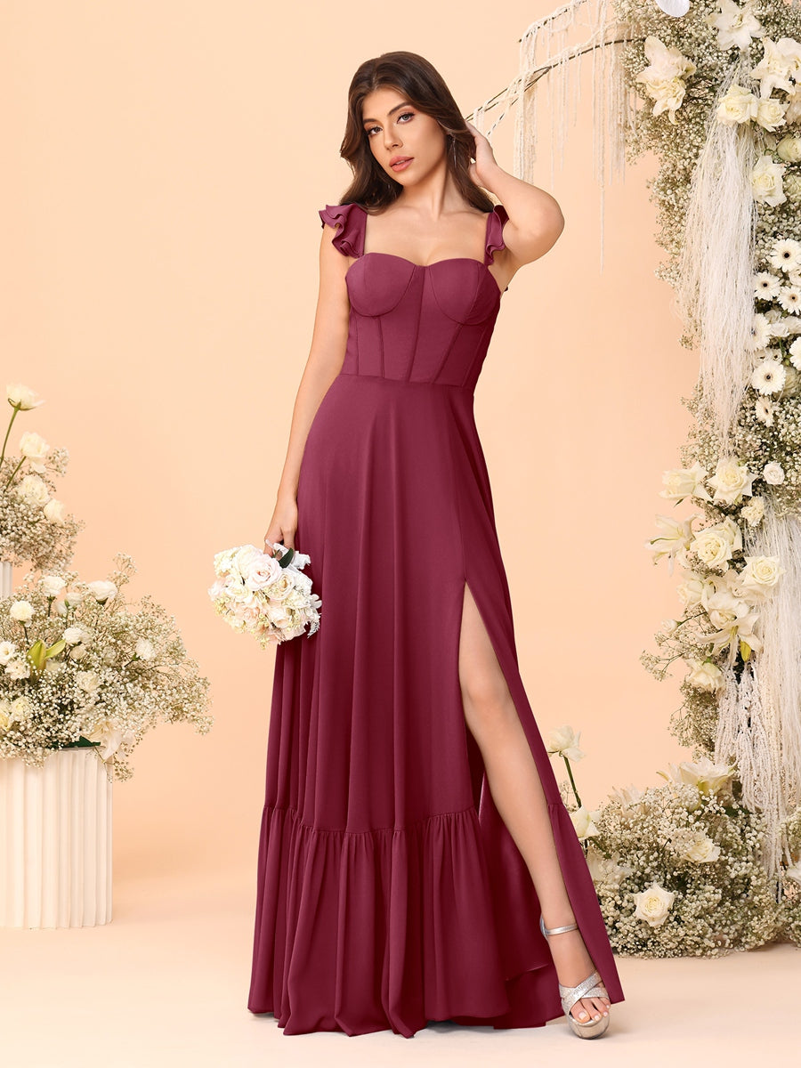 A-Line/Princess Square Neck Sleeveless Floor-Length Bridesmaid Dresses With Side Slit & Ruffles Light Burgundy
