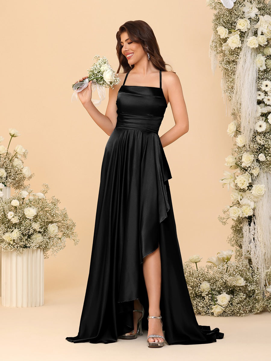 A-Line/Princess Spaghetti Straps Sleeveless Sweep Train Bridesmaid Dresses With Split Side Black