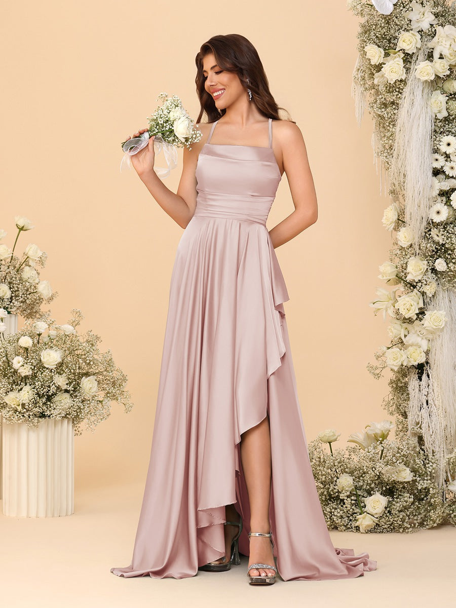 A-Line/Princess Spaghetti Straps Sleeveless Sweep Train Bridesmaid Dresses With Split Side Blush Pink