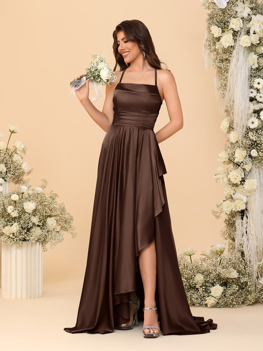 A-Line/Princess Spaghetti Straps Sleeveless Sweep Train Bridesmaid Dresses With Split Side Brown