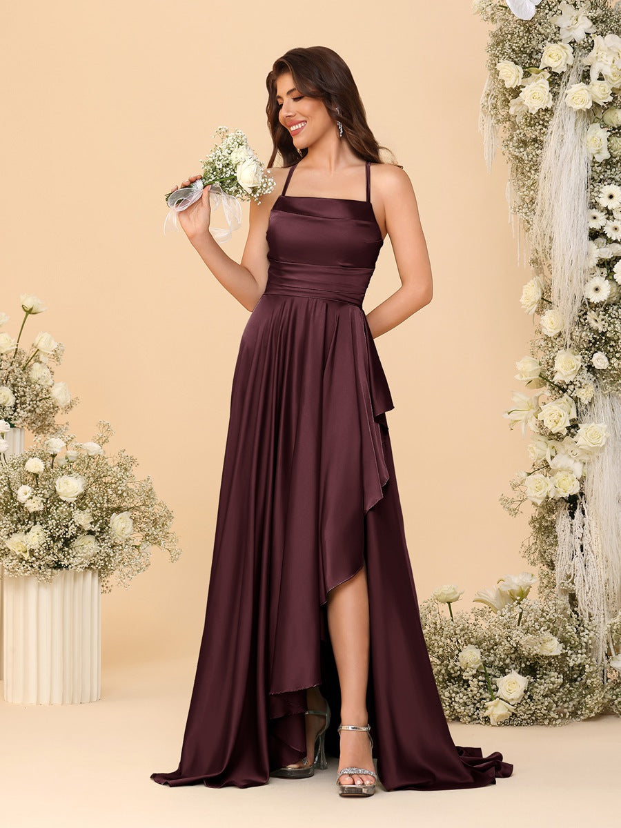 A-Line/Princess Spaghetti Straps Sleeveless Sweep Train Bridesmaid Dresses With Split Side Burgundy