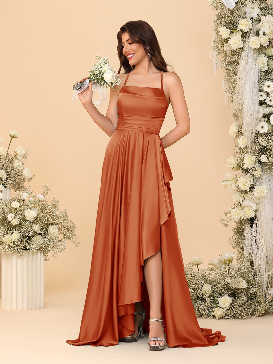 A-Line/Princess Spaghetti Straps Sleeveless Sweep Train Bridesmaid Dresses With Split Side Burnt Orange