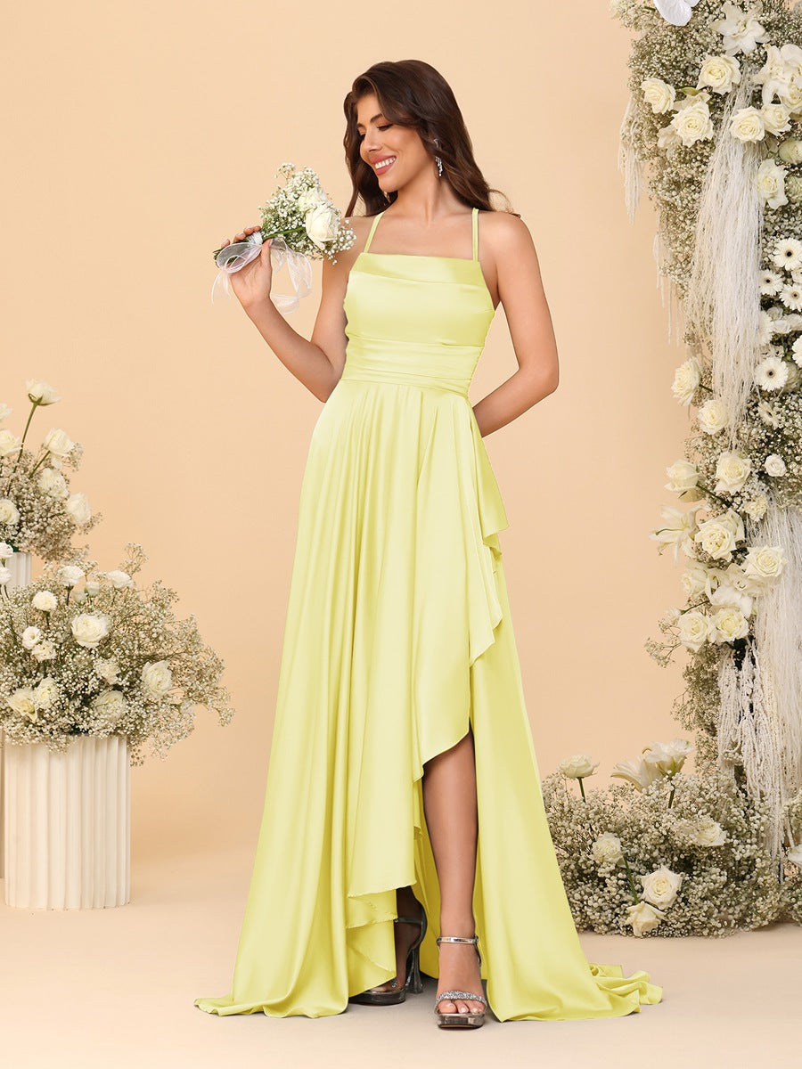 A-Line/Princess Spaghetti Straps Sleeveless Sweep Train Bridesmaid Dresses With Split Side Canary