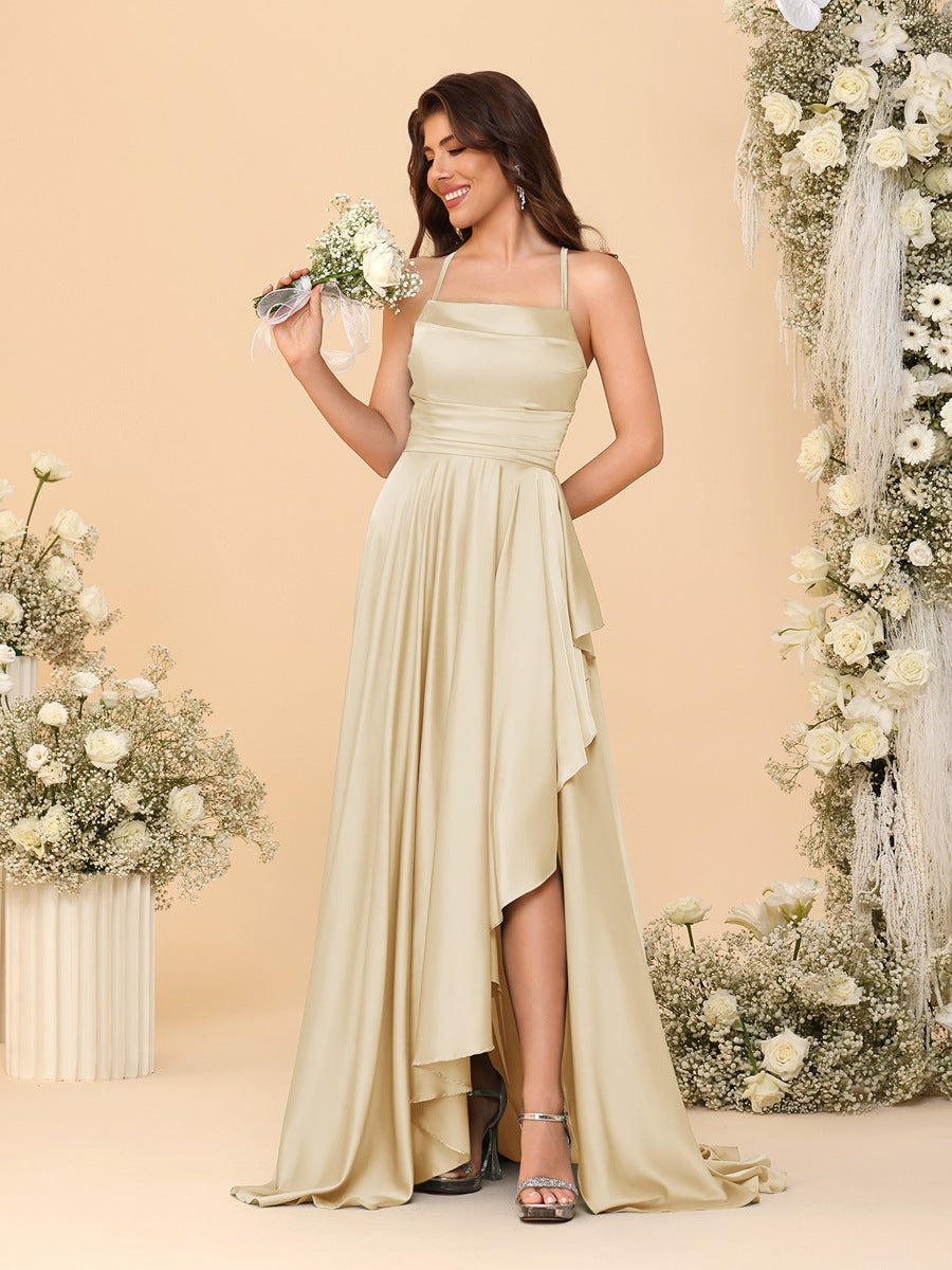 A-Line/Princess Spaghetti Straps Sleeveless Sweep Train Bridesmaid Dresses With Split Side Champagne