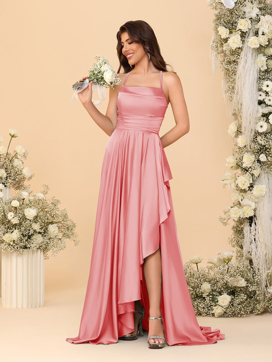 A-Line/Princess Spaghetti Straps Sleeveless Sweep Train Bridesmaid Dresses With Split Side Coral