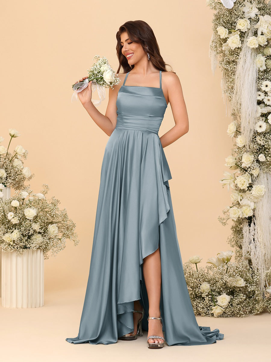 A-Line/Princess Spaghetti Straps Sleeveless Sweep Train Bridesmaid Dresses With Split Side Dusty Blue