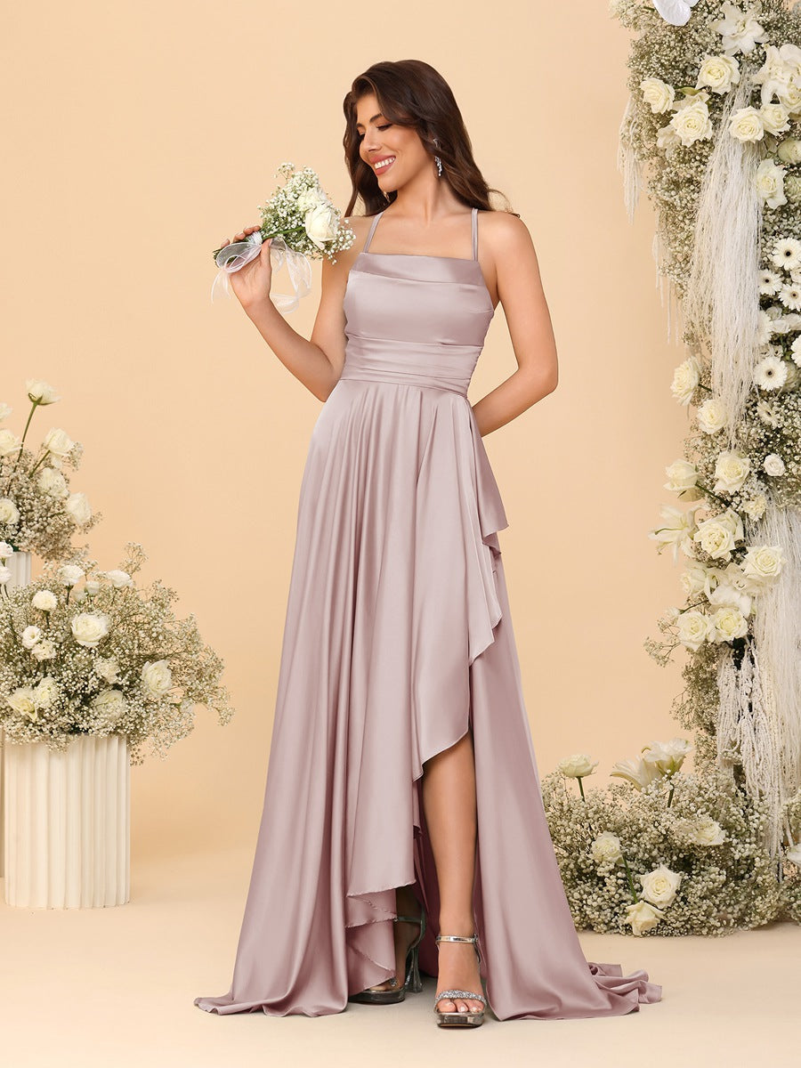 A-Line/Princess Spaghetti Straps Sleeveless Sweep Train Bridesmaid Dresses With Split Side Dusty Pink