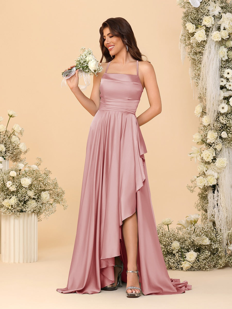 A-Line/Princess Spaghetti Straps Sleeveless Sweep Train Bridesmaid Dresses With Split Side Dusty Rose