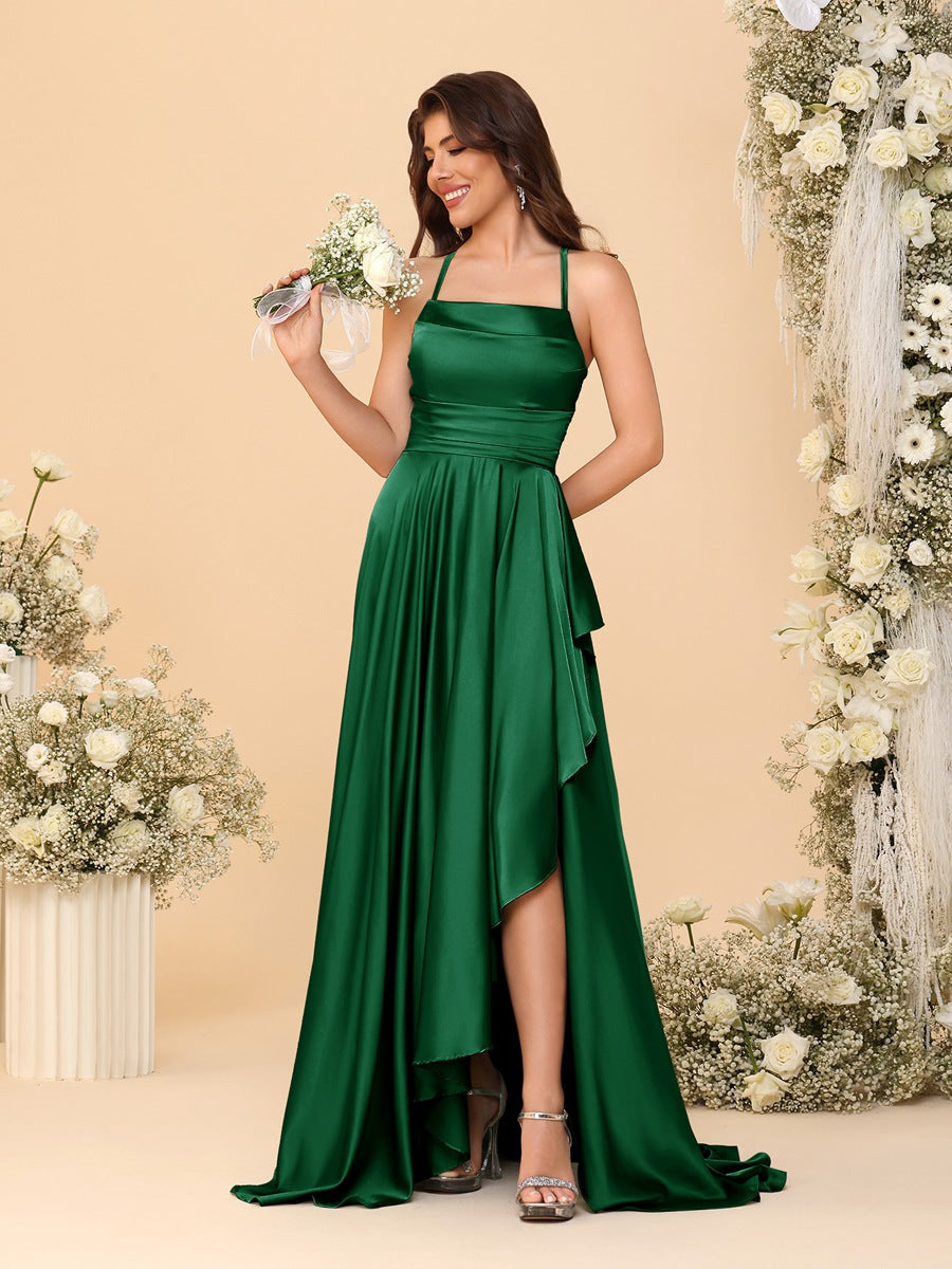 A-Line/Princess Spaghetti Straps Sleeveless Sweep Train Bridesmaid Dresses With Split Side Emerald