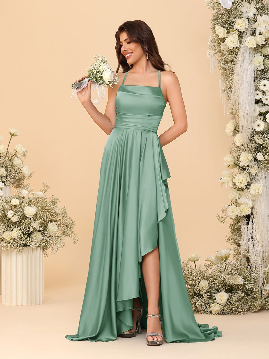 A-Line/Princess Spaghetti Straps Sleeveless Sweep Train Bridesmaid Dresses With Split Side Eucalyptus