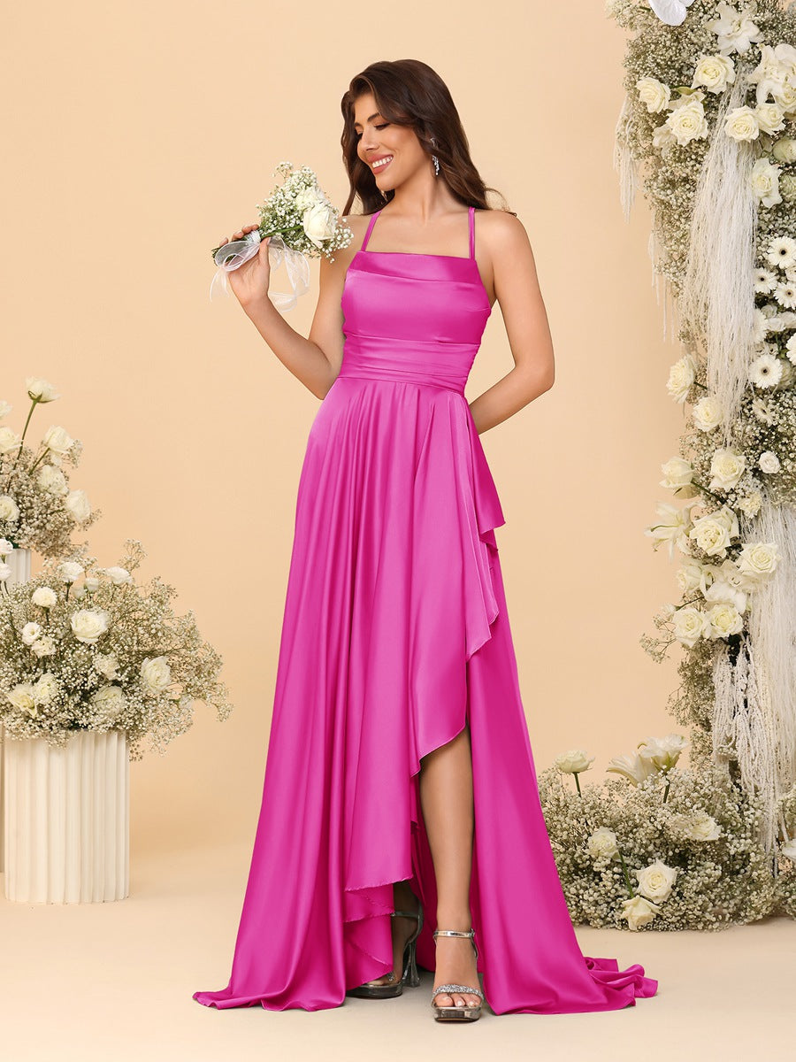 A-Line/Princess Spaghetti Straps Sleeveless Sweep Train Bridesmaid Dresses With Split Side Fuchsia