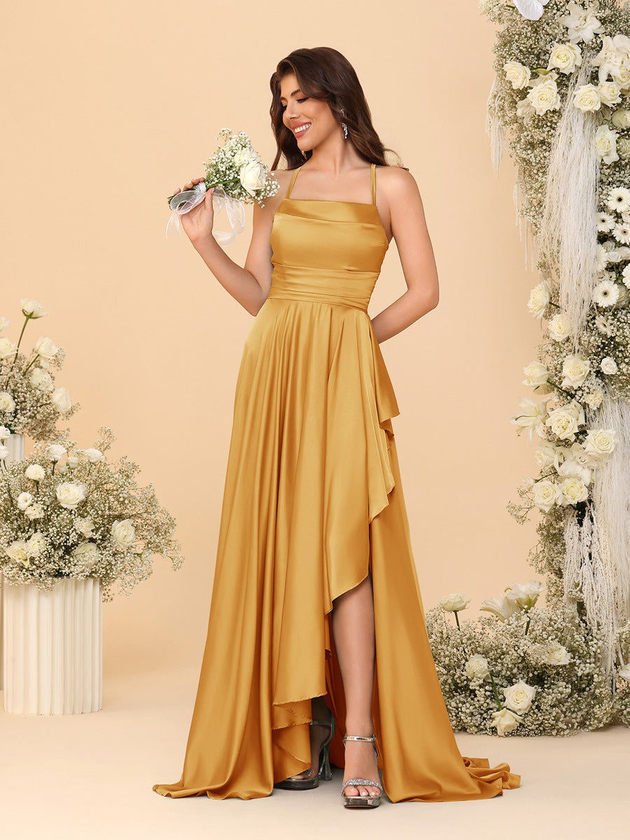 A-Line/Princess Spaghetti Straps Sleeveless Sweep Train Bridesmaid Dresses With Split Side Gold