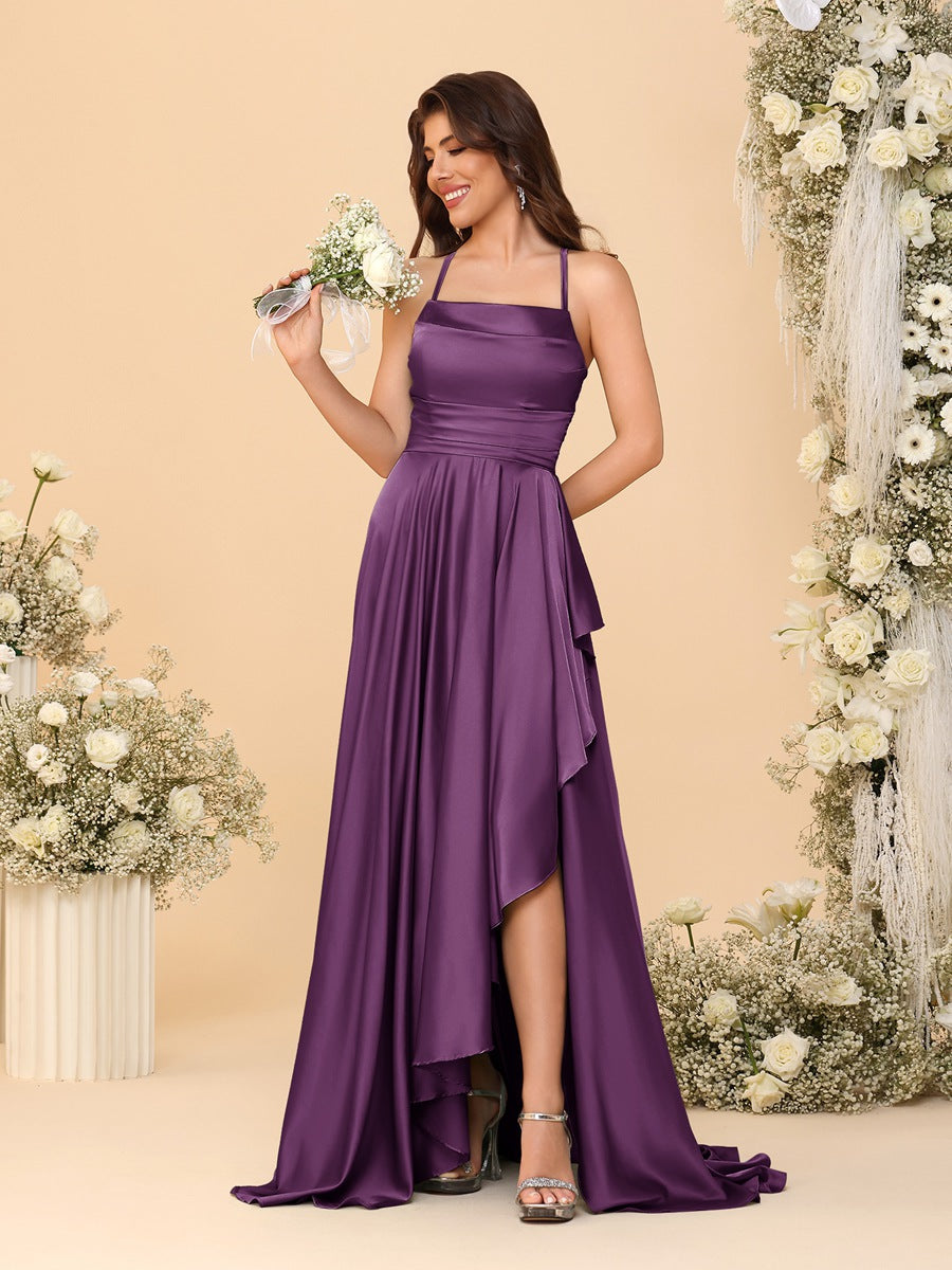 A-Line/Princess Spaghetti Straps Sleeveless Sweep Train Bridesmaid Dresses With Split Side Grape