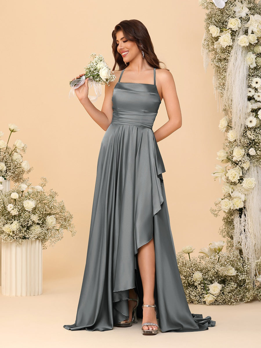 A-Line/Princess Spaghetti Straps Sleeveless Sweep Train Bridesmaid Dresses With Split Side Gray