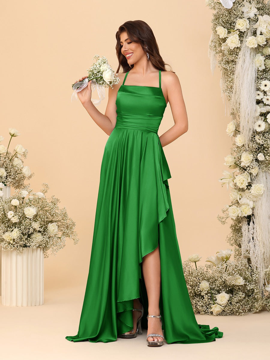 A-Line/Princess Spaghetti Straps Sleeveless Sweep Train Bridesmaid Dresses With Split Side Green