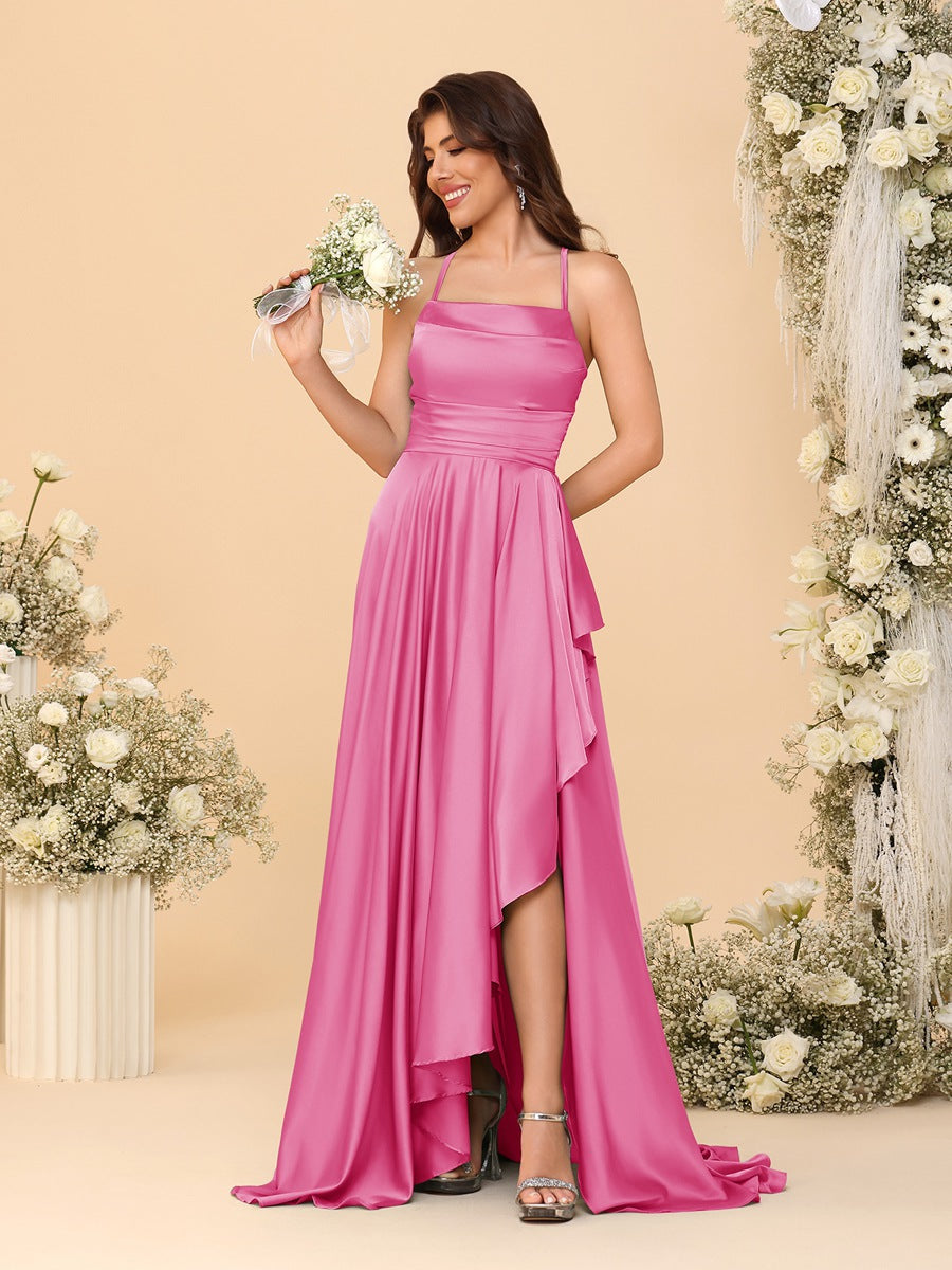 A-Line/Princess Spaghetti Straps Sleeveless Sweep Train Bridesmaid Dresses With Split Side Hot Pink