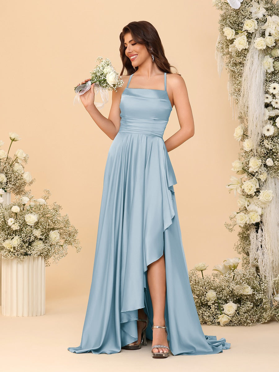 A-Line/Princess Spaghetti Straps Sleeveless Sweep Train Bridesmaid Dresses With Split Side Lavender
