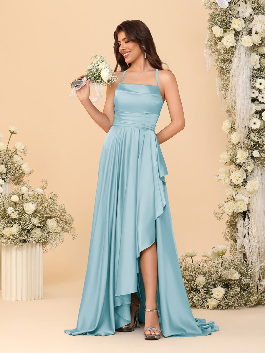 A-Line/Princess Spaghetti Straps Sleeveless Sweep Train Bridesmaid Dresses With Split Side Light Blue