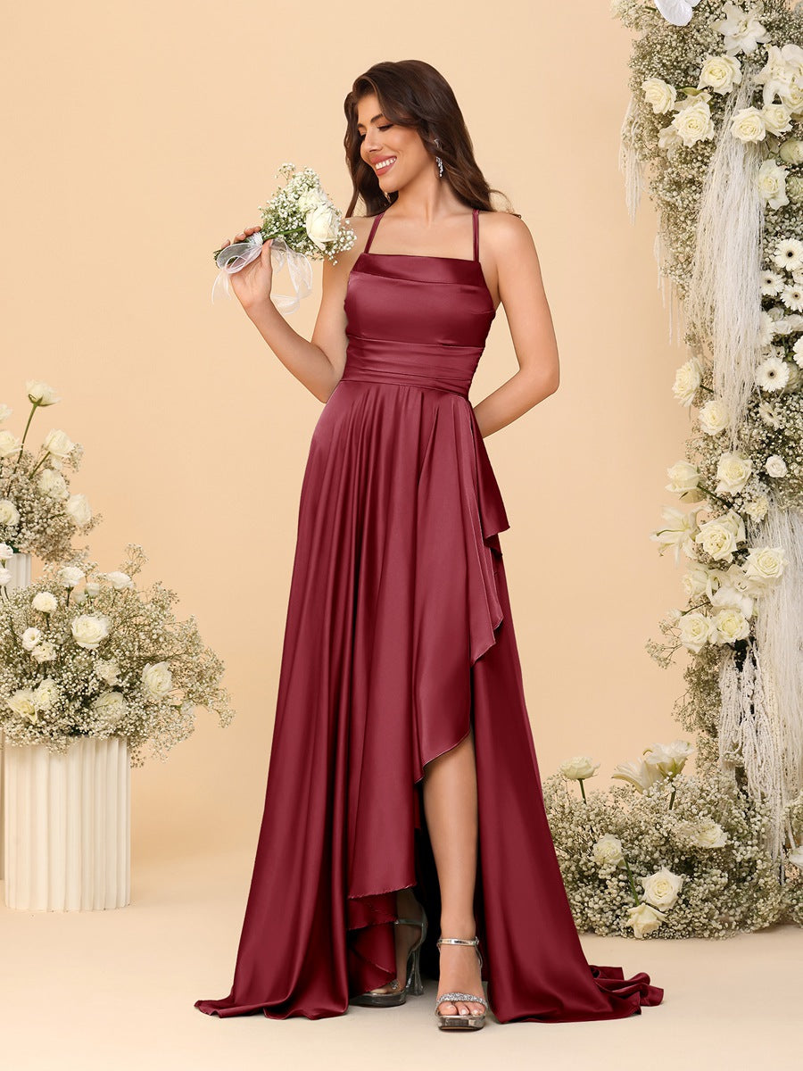 A-Line/Princess Spaghetti Straps Sleeveless Sweep Train Bridesmaid Dresses With Split Side Light Burgundy