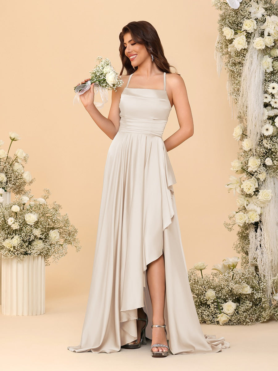 A-Line/Princess Spaghetti Straps Sleeveless Sweep Train Bridesmaid Dresses With Split Side Light Champagne