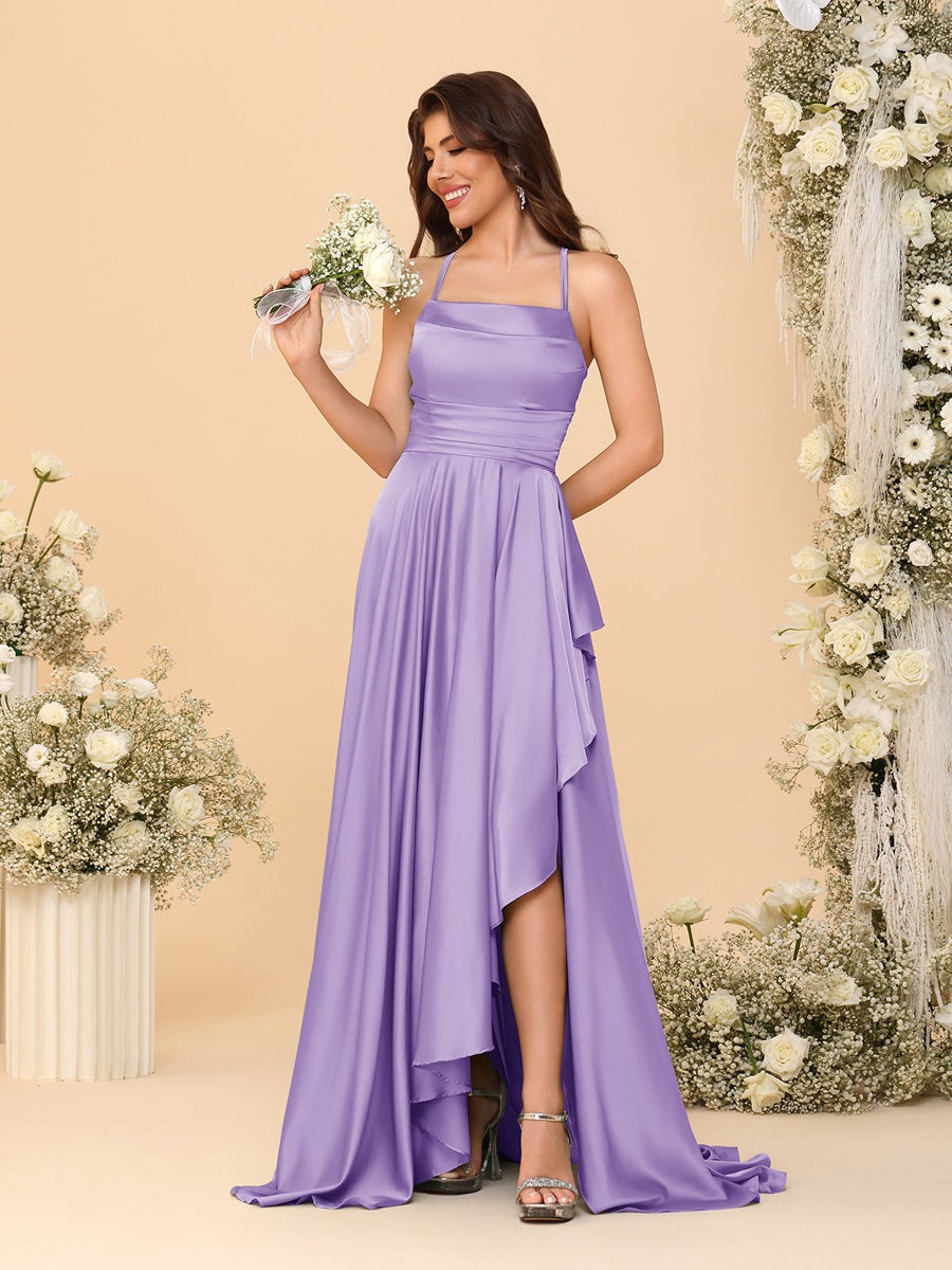 A-Line/Princess Spaghetti Straps Sleeveless Sweep Train Bridesmaid Dresses With Split Side Light Purple