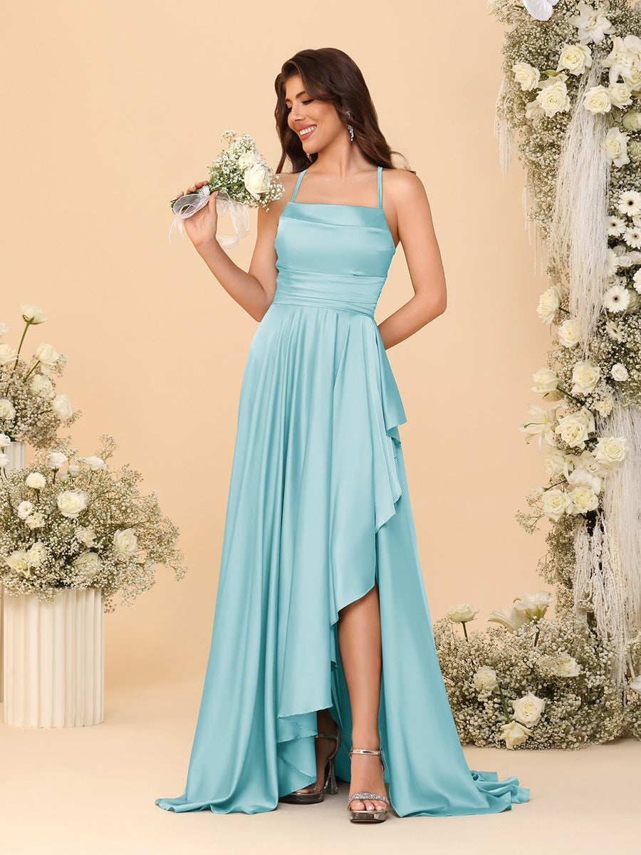 A-Line/Princess Spaghetti Straps Sleeveless Sweep Train Bridesmaid Dresses With Split Side Light Sky Blue