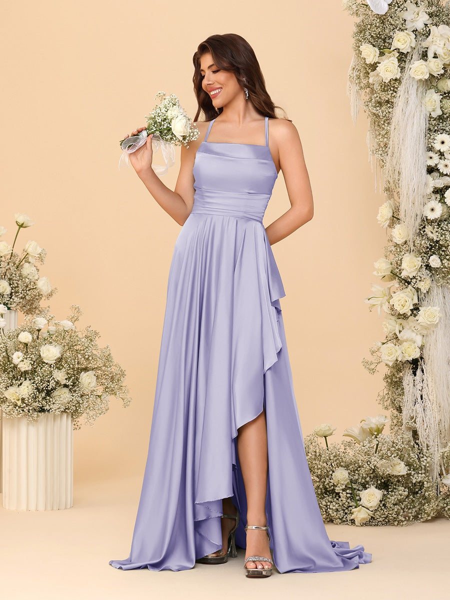A-Line/Princess Spaghetti Straps Sleeveless Sweep Train Bridesmaid Dresses With Split Side Lilac