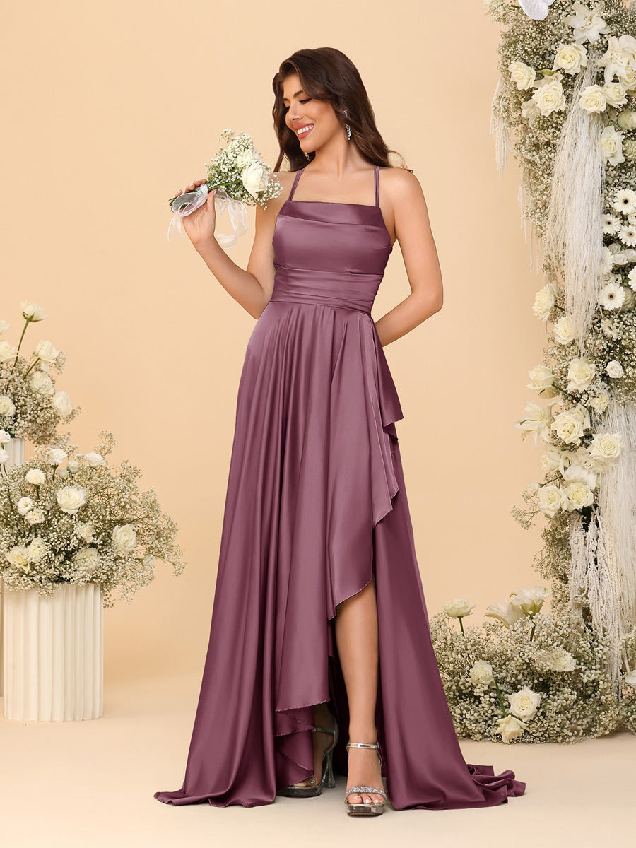 A-Line/Princess Spaghetti Straps Sleeveless Sweep Train Bridesmaid Dresses With Split Side Mulberry