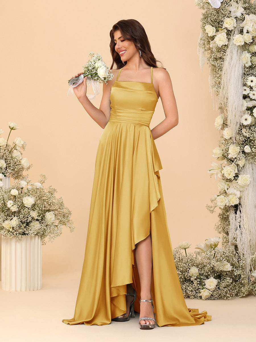 A-Line/Princess Spaghetti Straps Sleeveless Sweep Train Bridesmaid Dresses With Split Side Mustard Yellow