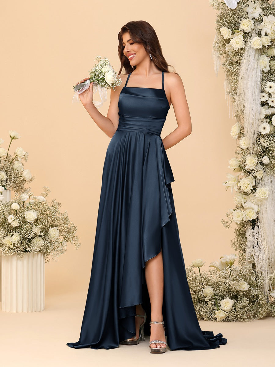 A-Line/Princess Spaghetti Straps Sleeveless Sweep Train Bridesmaid Dresses With Split Side Navy Blue