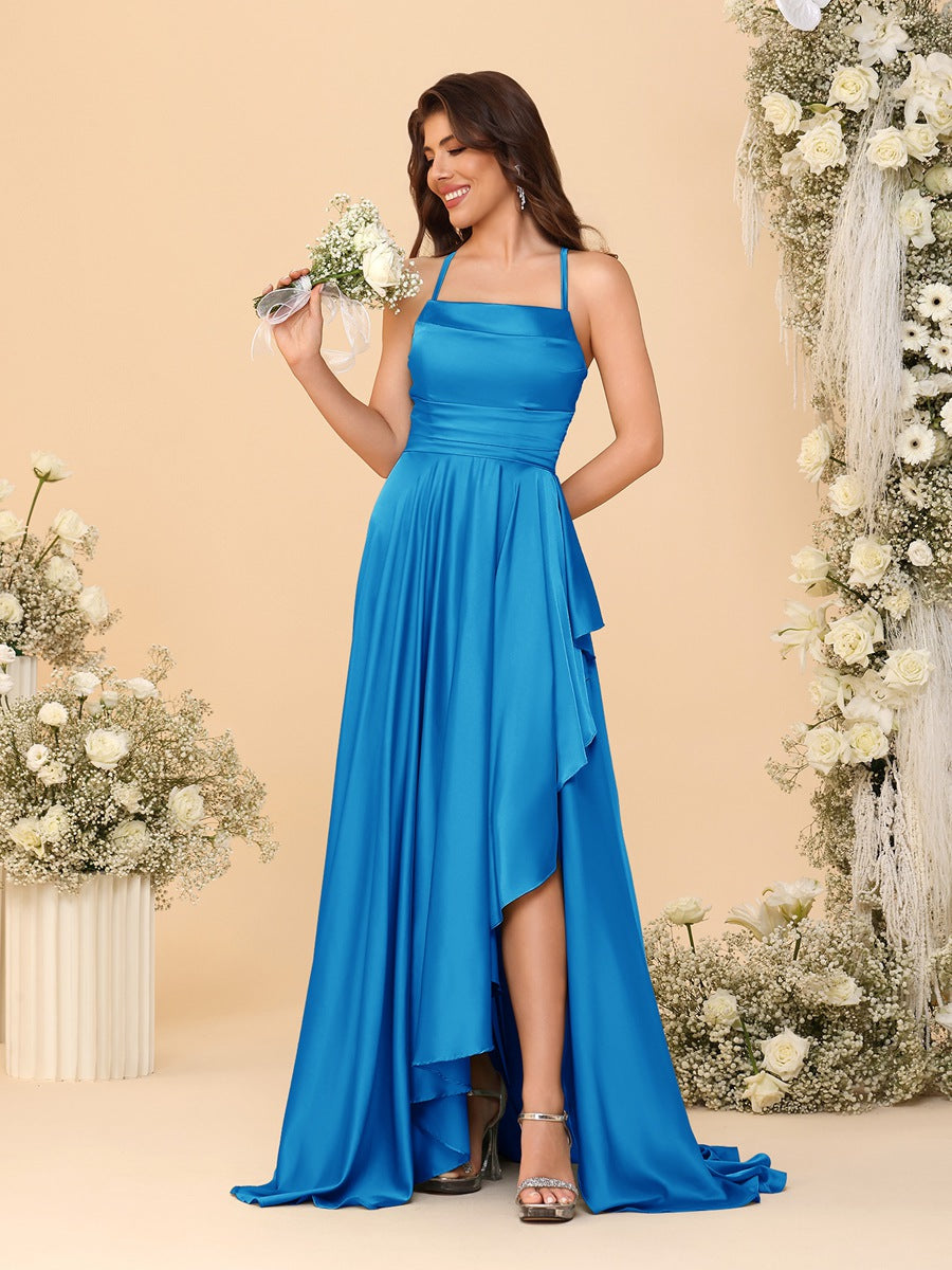 A-Line/Princess Spaghetti Straps Sleeveless Sweep Train Bridesmaid Dresses With Split Side Ocean Blue