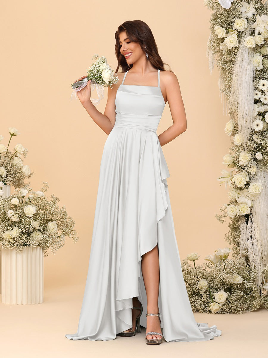 A-Line/Princess Spaghetti Straps Sleeveless Sweep Train Bridesmaid Dresses With Split Side Off White