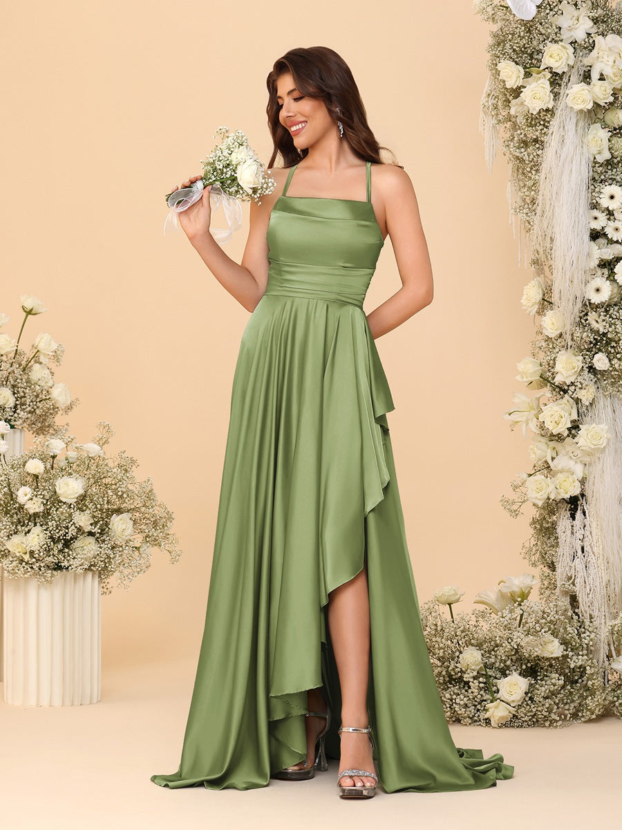 A-Line/Princess Spaghetti Straps Sleeveless Sweep Train Bridesmaid Dresses With Split Side Olive Green