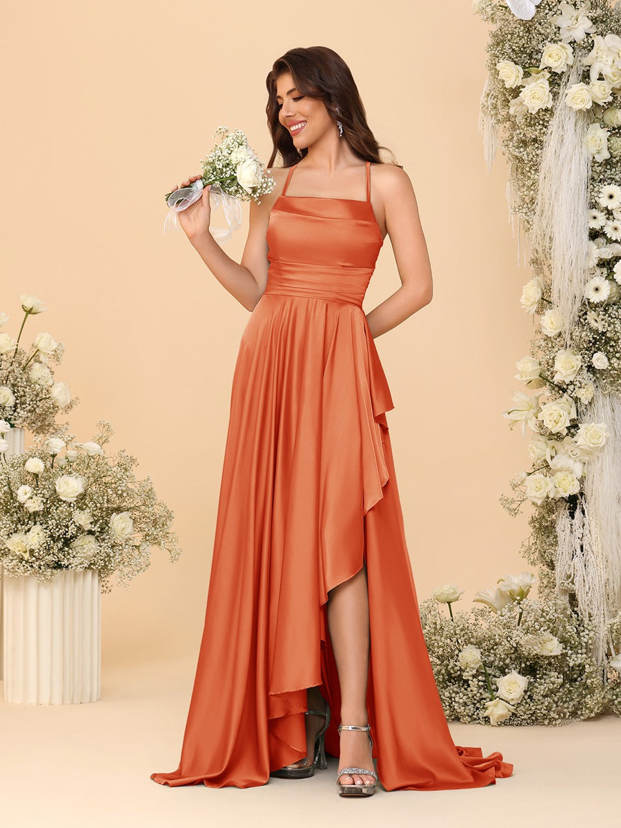A-Line/Princess Spaghetti Straps Sleeveless Sweep Train Bridesmaid Dresses With Split Side Orange