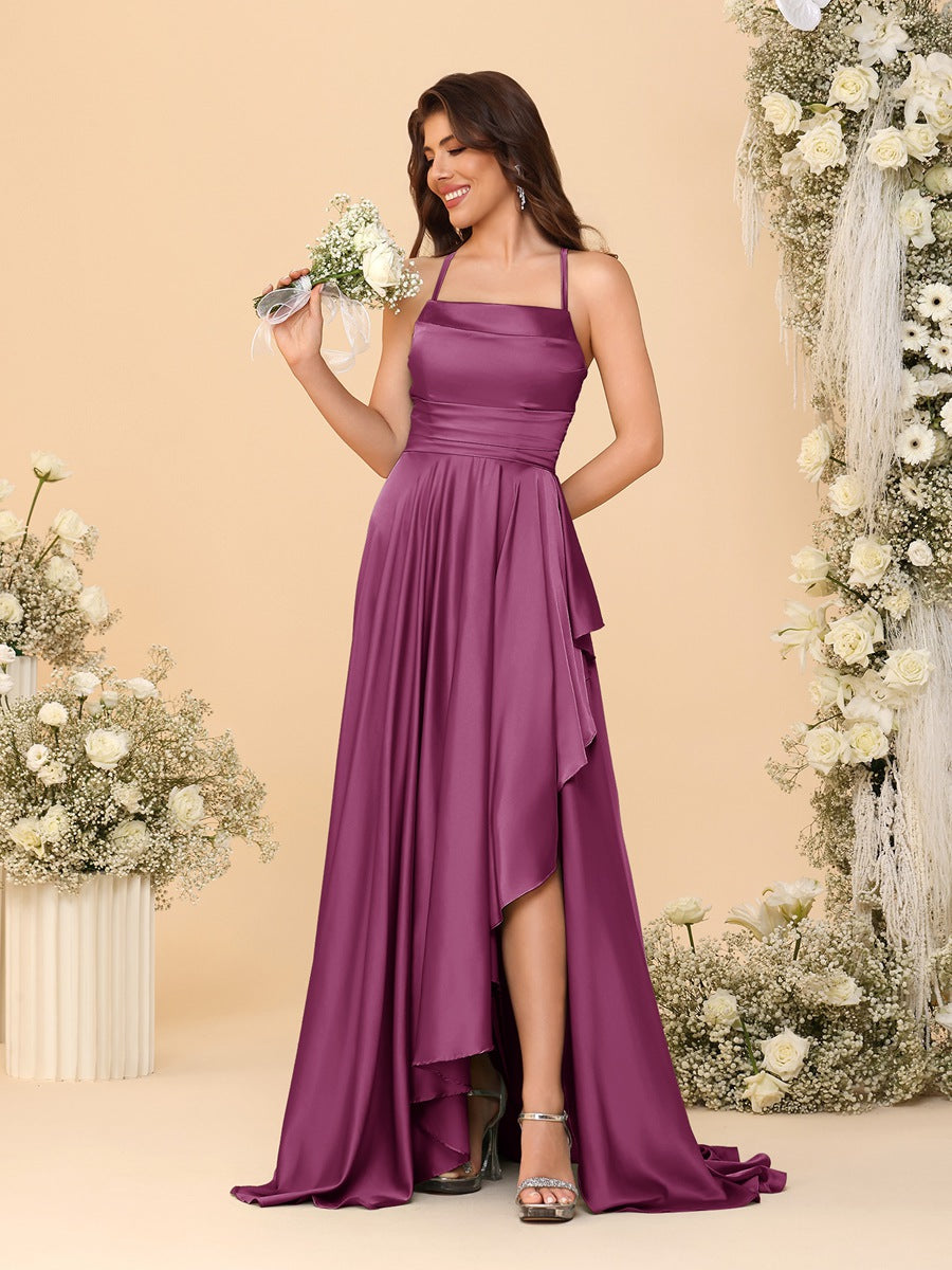 A-Line/Princess Spaghetti Straps Sleeveless Sweep Train Bridesmaid Dresses With Split Side Orchid