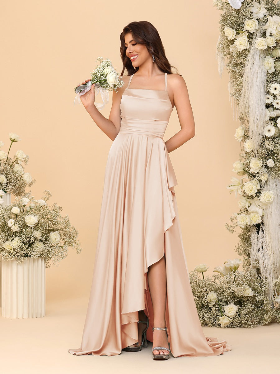 A-Line/Princess Spaghetti Straps Sleeveless Sweep Train Bridesmaid Dresses With Split Side Peach Pink