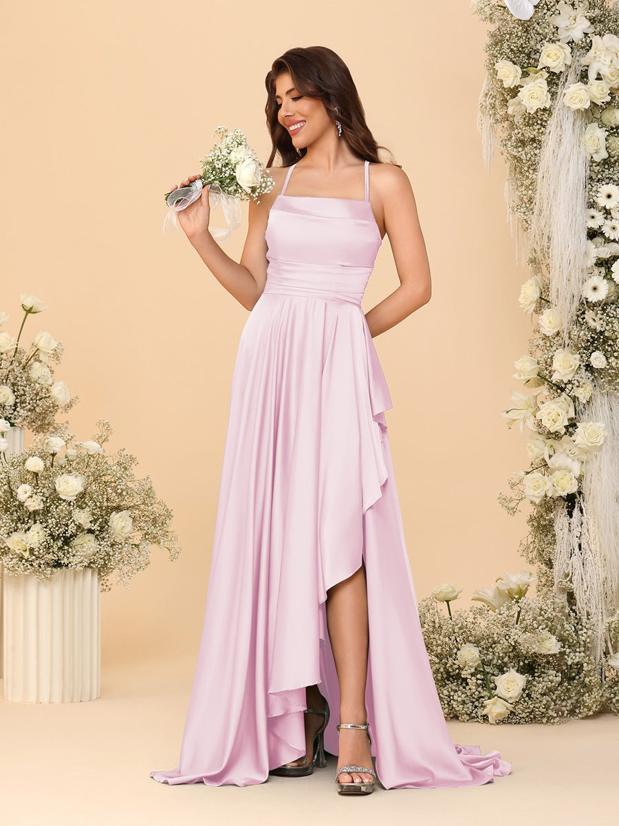 A-Line/Princess Spaghetti Straps Sleeveless Sweep Train Bridesmaid Dresses With Split Side Pearl Pink