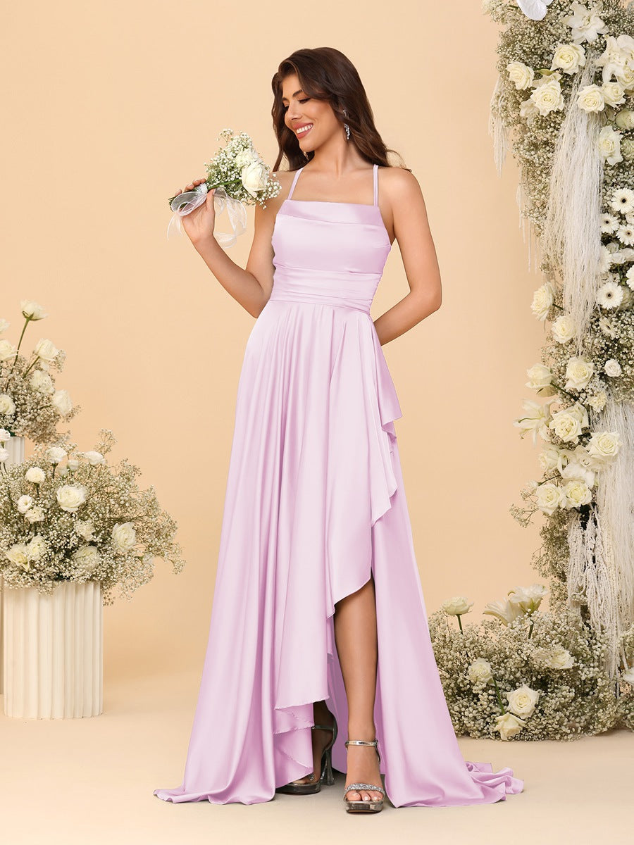 A-Line/Princess Spaghetti Straps Sleeveless Sweep Train Bridesmaid Dresses With Split Side Pink