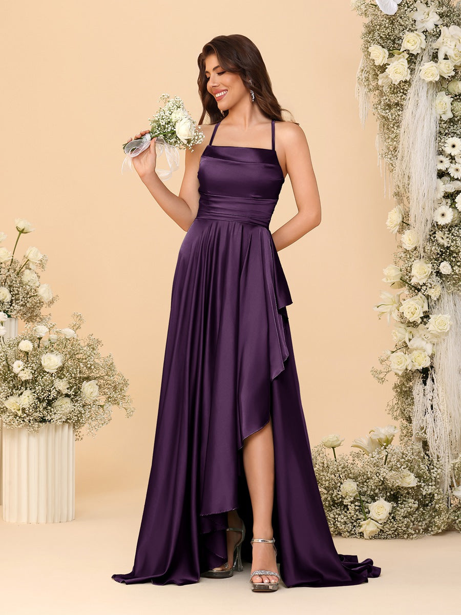 A-Line/Princess Spaghetti Straps Sleeveless Sweep Train Bridesmaid Dresses With Split Side Plum