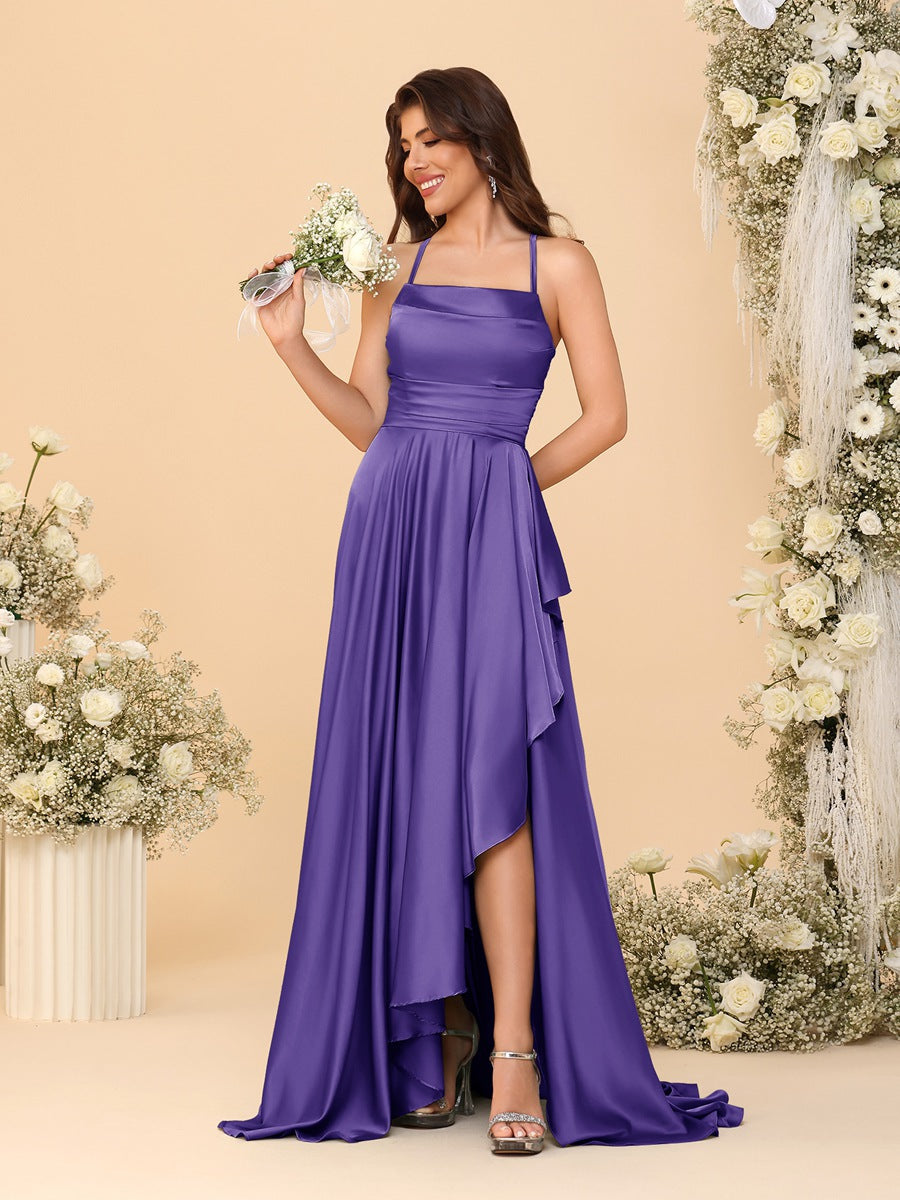 A-Line/Princess Spaghetti Straps Sleeveless Sweep Train Bridesmaid Dresses With Split Side Purple