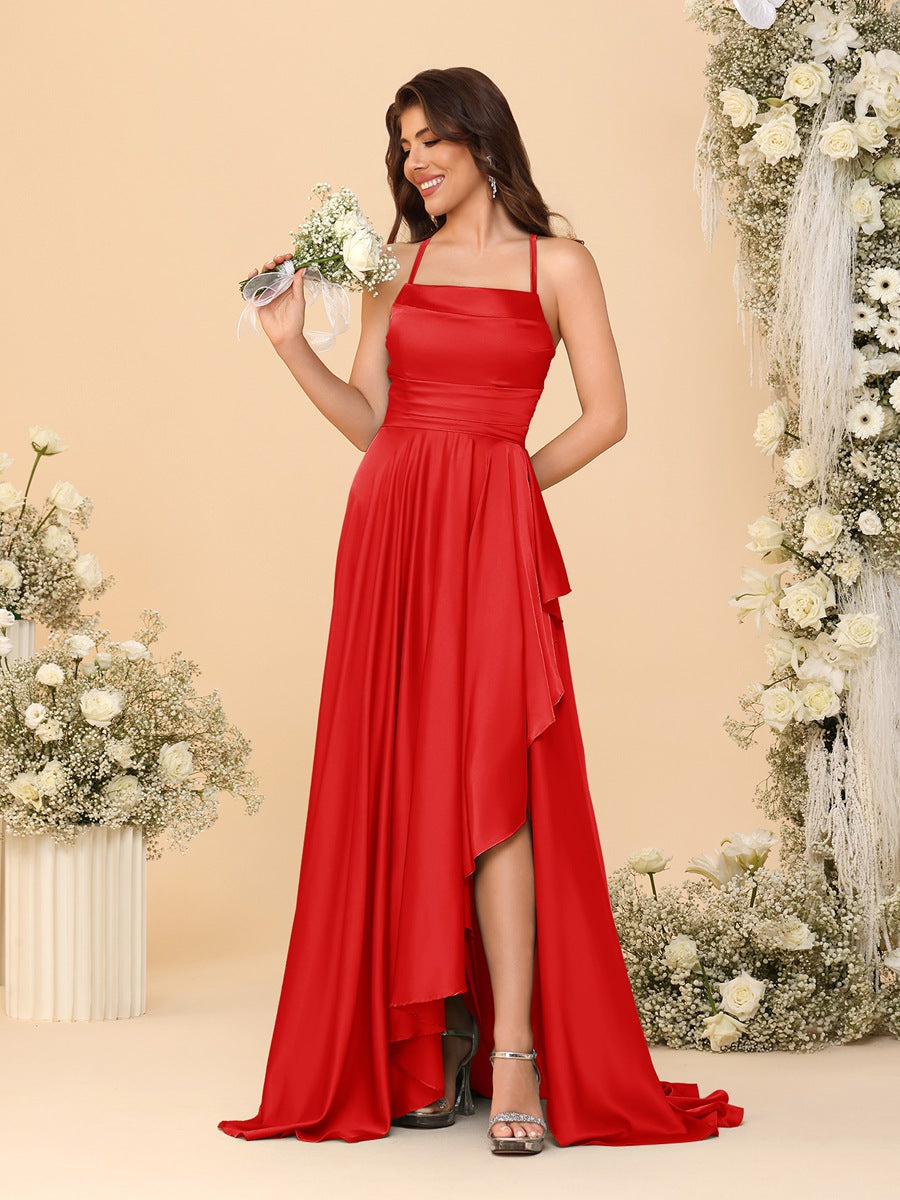 A-Line/Princess Spaghetti Straps Sleeveless Sweep Train Bridesmaid Dresses With Split Side Red