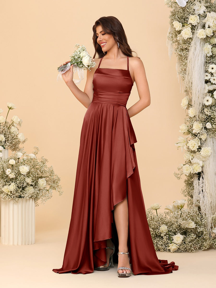 A-Line/Princess Spaghetti Straps Sleeveless Sweep Train Bridesmaid Dresses With Split Side Rust