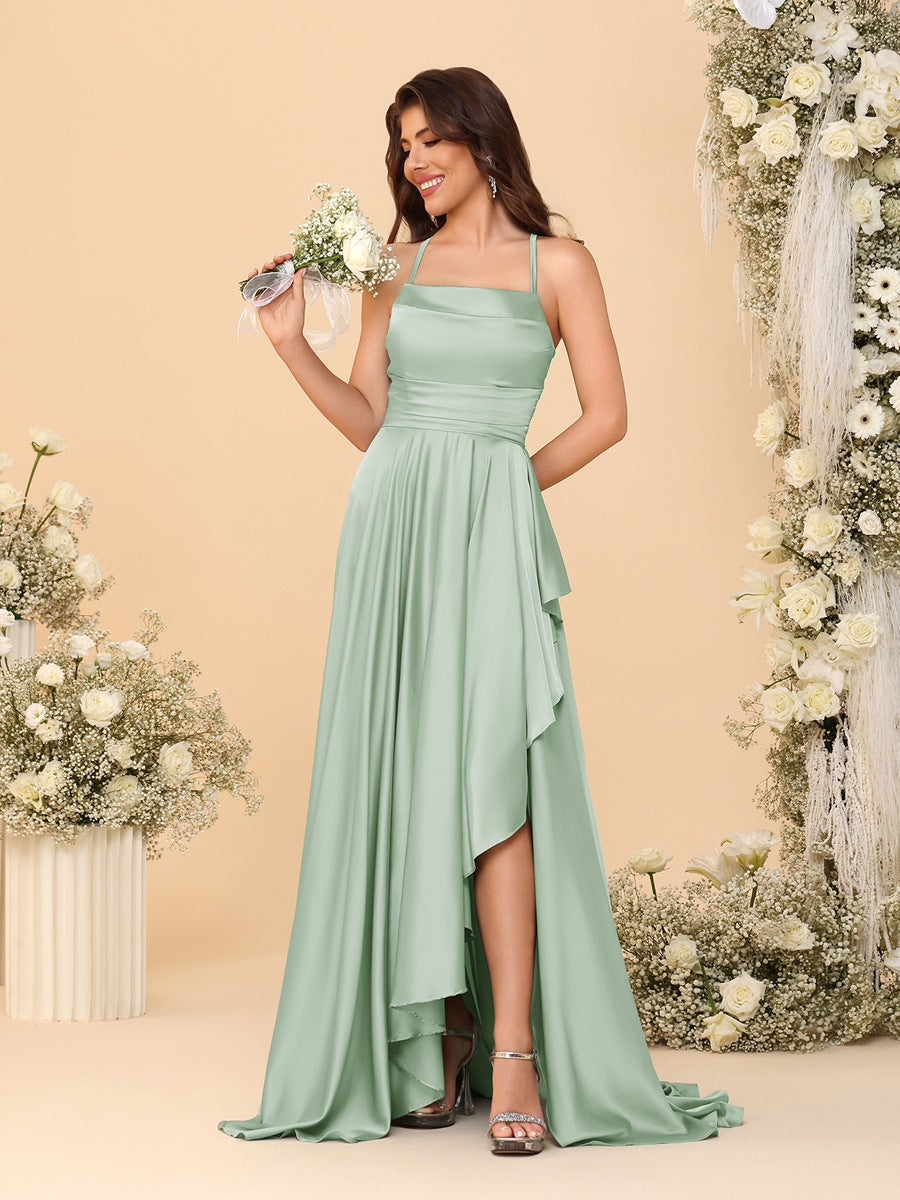 A-Line/Princess Spaghetti Straps Sleeveless Sweep Train Bridesmaid Dresses With Split Side Sage