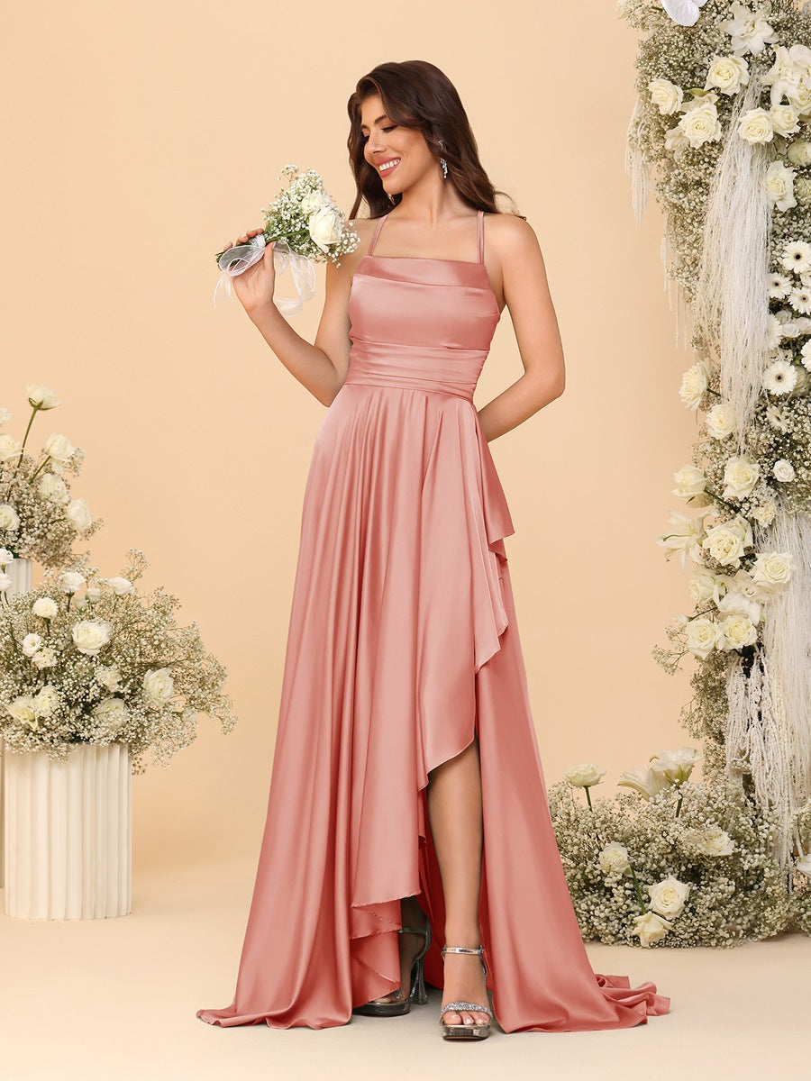 A-Line/Princess Spaghetti Straps Sleeveless Sweep Train Bridesmaid Dresses With Split Side Salmon