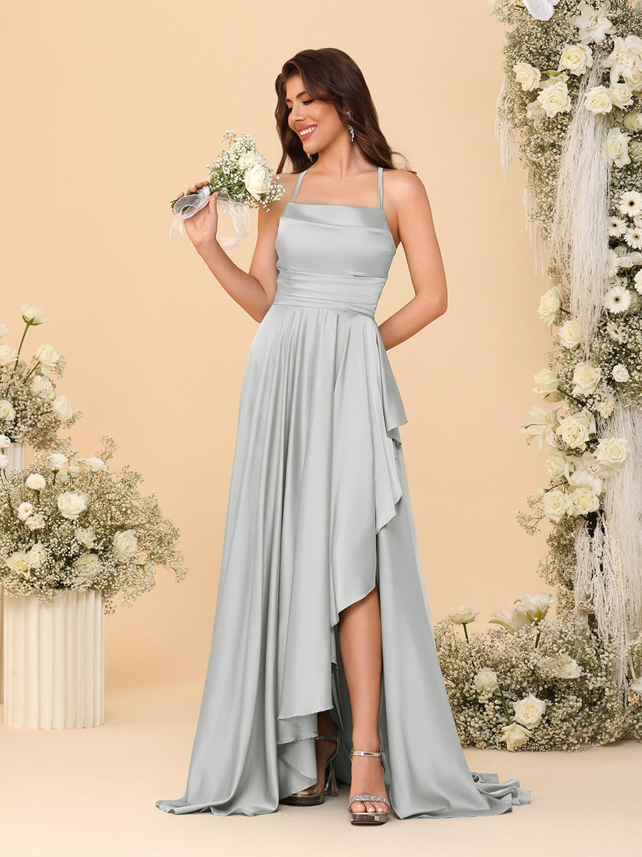 A-Line/Princess Spaghetti Straps Sleeveless Sweep Train Bridesmaid Dresses With Split Side Silver